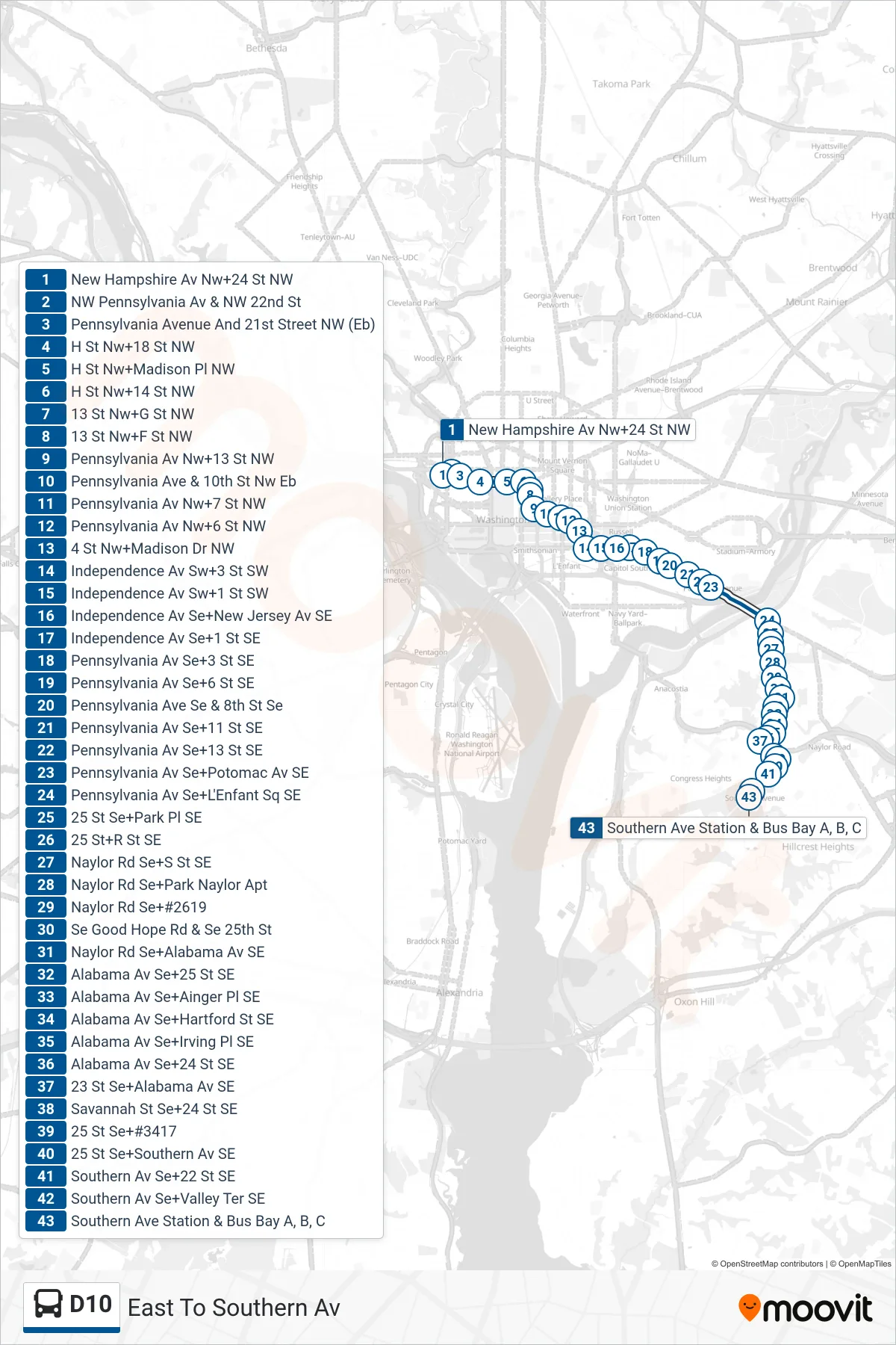D10 bus Line (East To Southern Av) route and stops on a map
