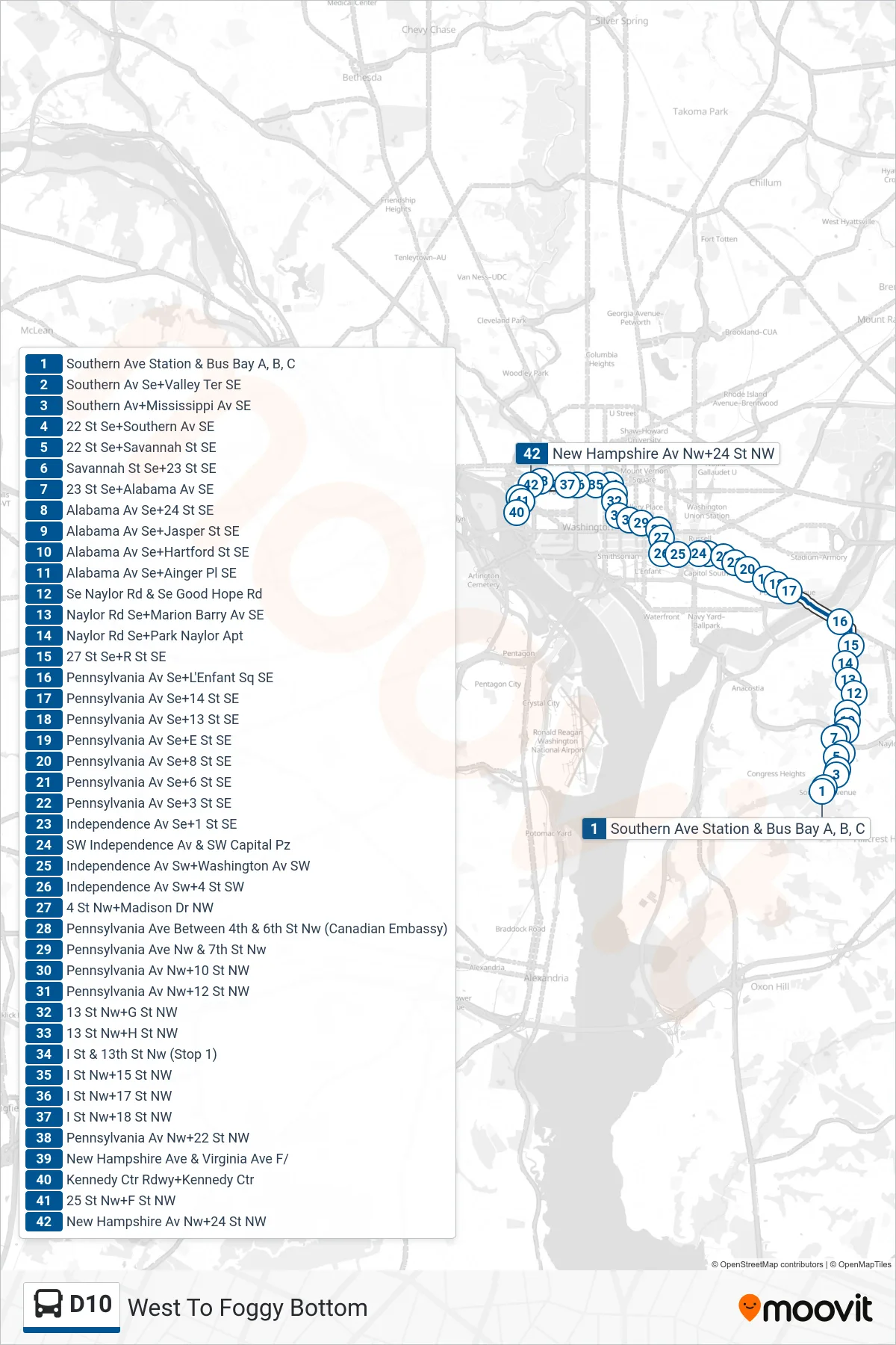 D10 bus Line (West To Foggy Bottom) route and stops on a map