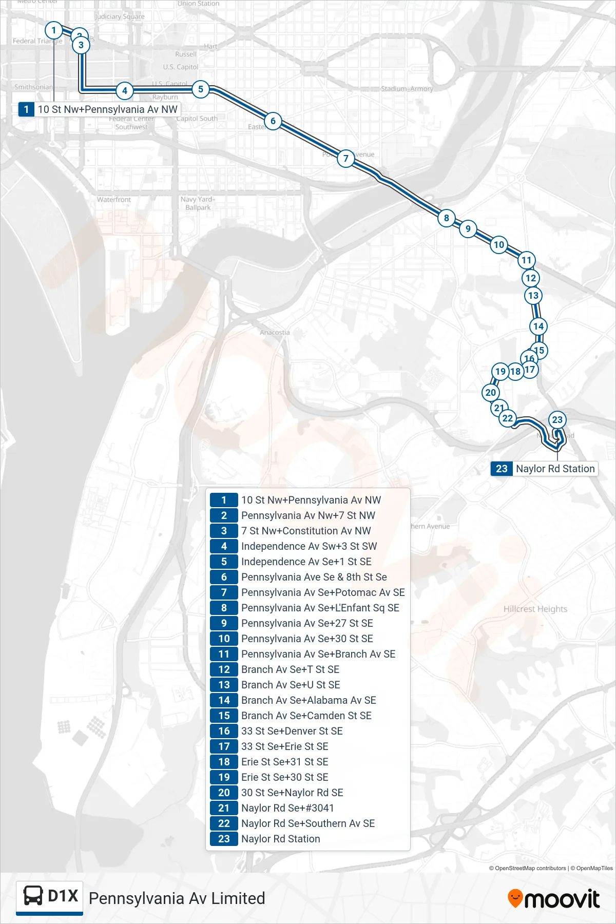 D1X bus Line (East To Naylor Rd) route and stops on a map