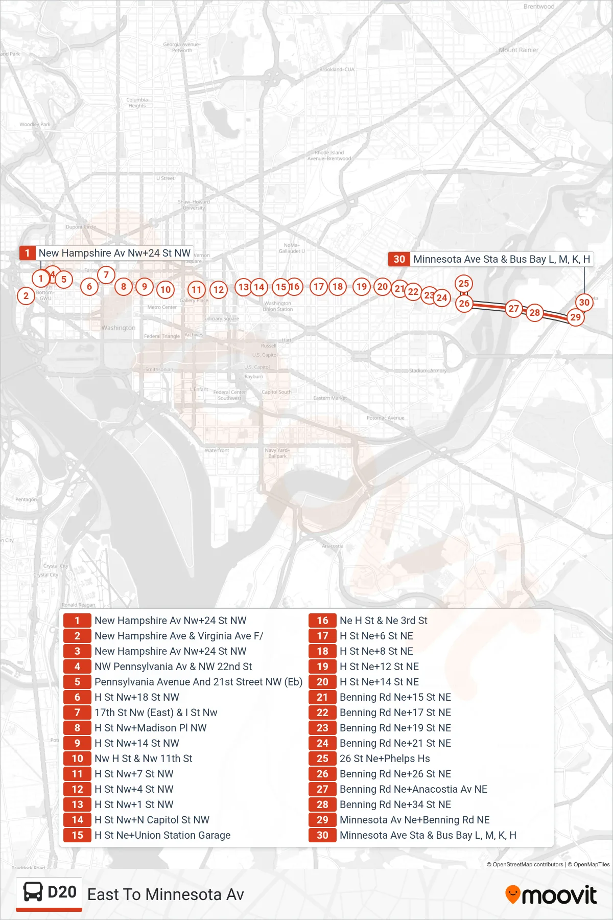 D20 bus Line (East To Minnesota Av) route and stops on a map