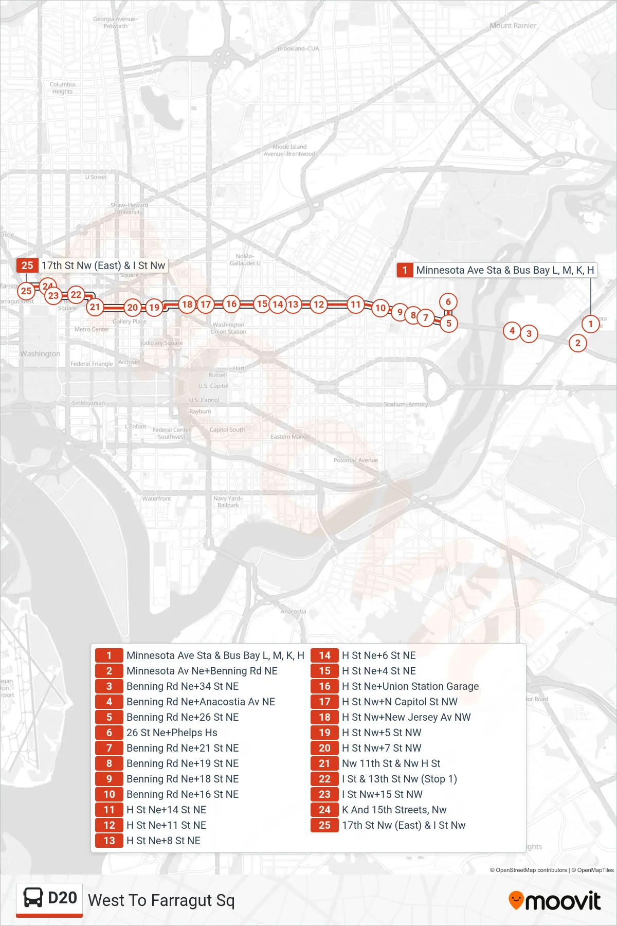 D20 bus Line (West To Farragut Sq) route and stops on a map