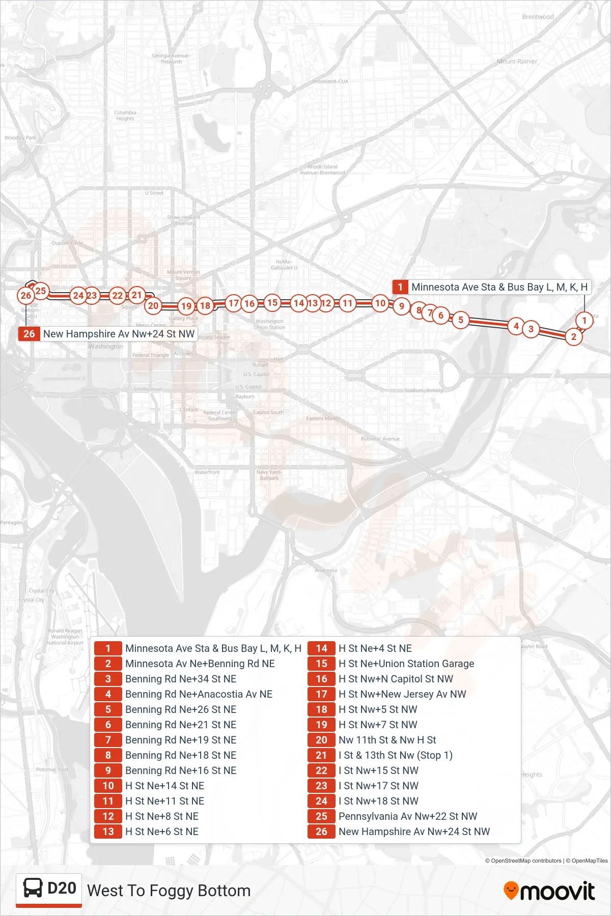 D20 bus Line (West To Foggy Bottom) route and stops on a map
