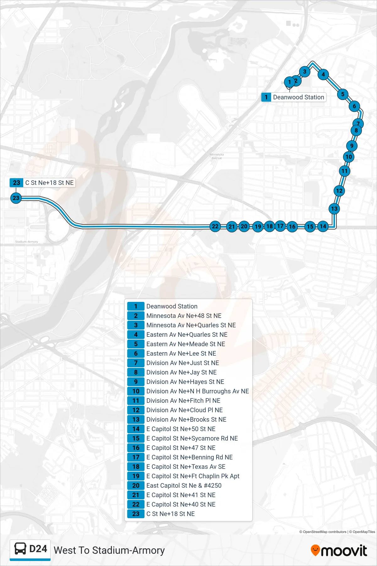 D24 bus Line (West To Stadium-Armory) route and stops on a map