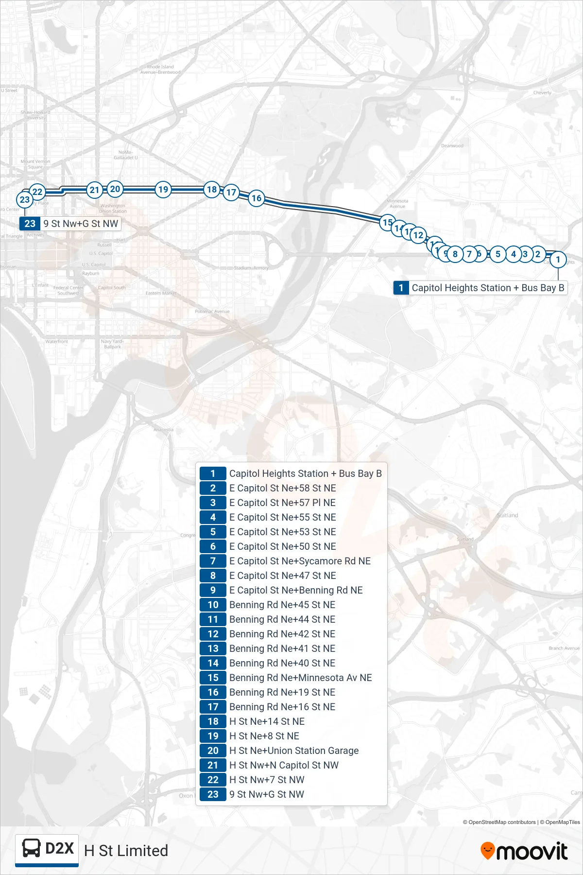 D2X bus Line (West To Gallery Place) route and stops on a map