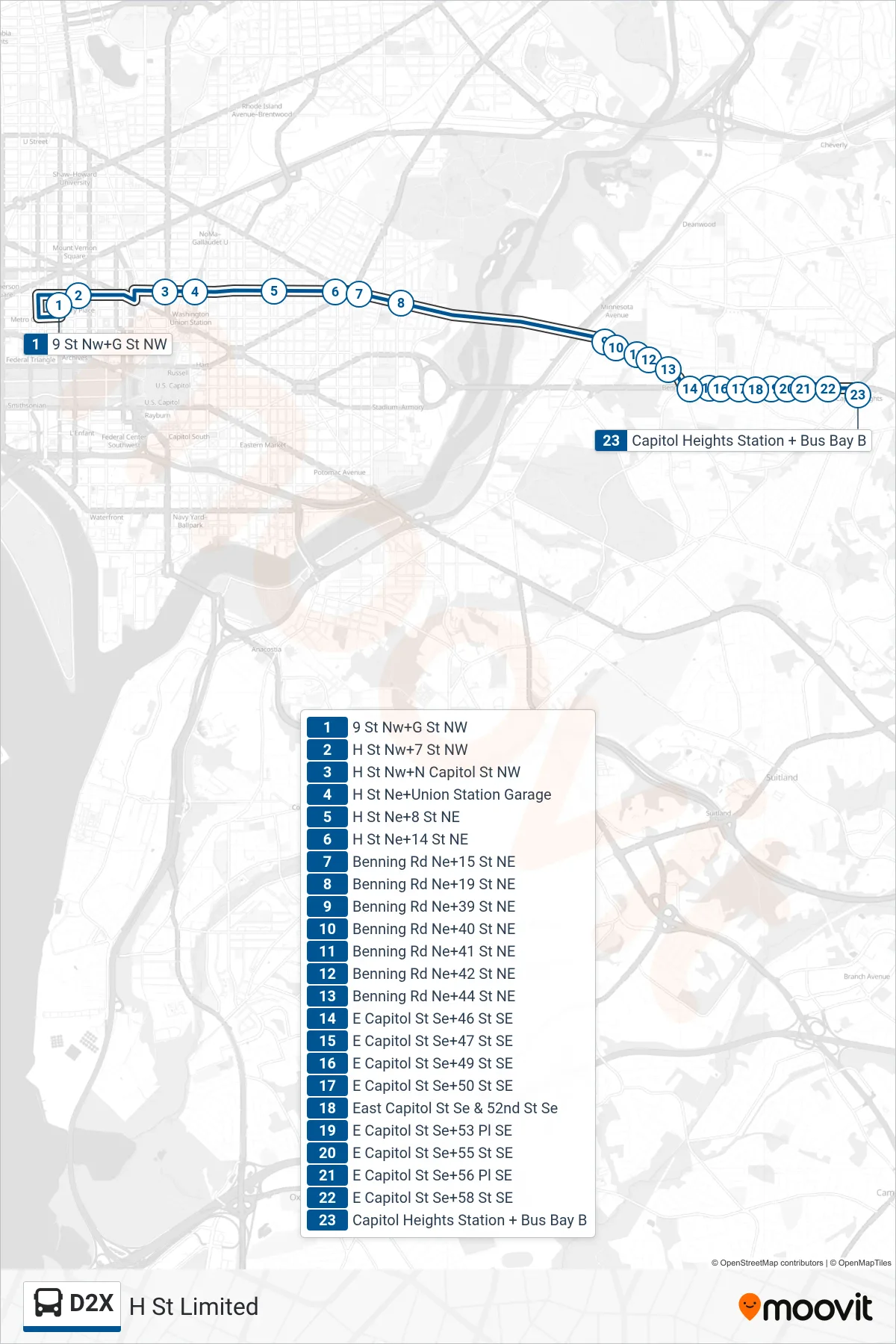 D2X bus Line (East To Capitol Hts) route and stops on a map