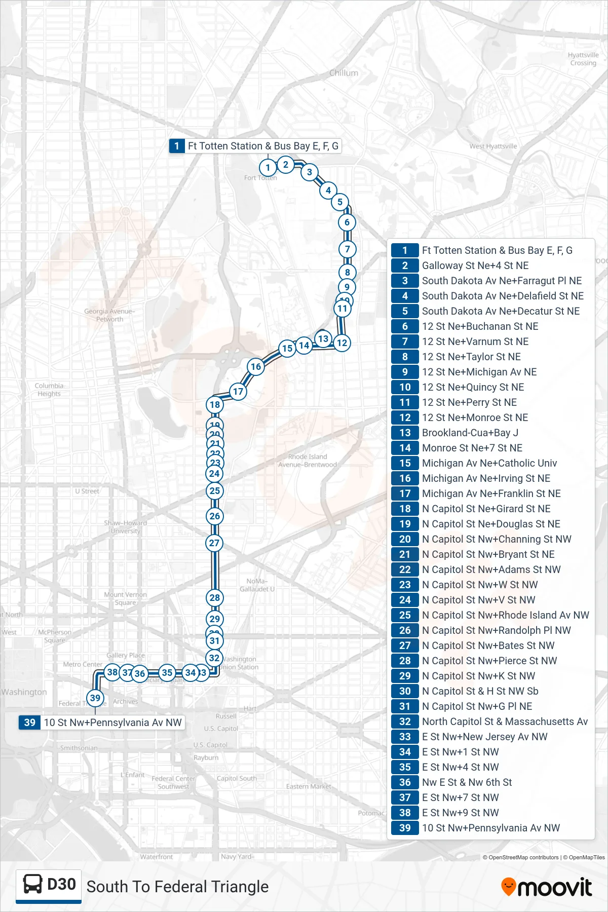 D30 bus Line (South To Federal Triangle) route and stops on a map