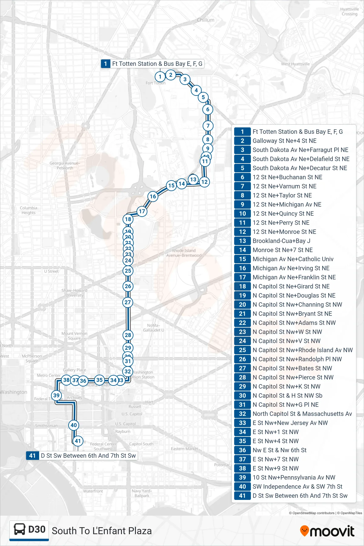 D30 bus Line (South To L'Enfant Plaza) route and stops on a map