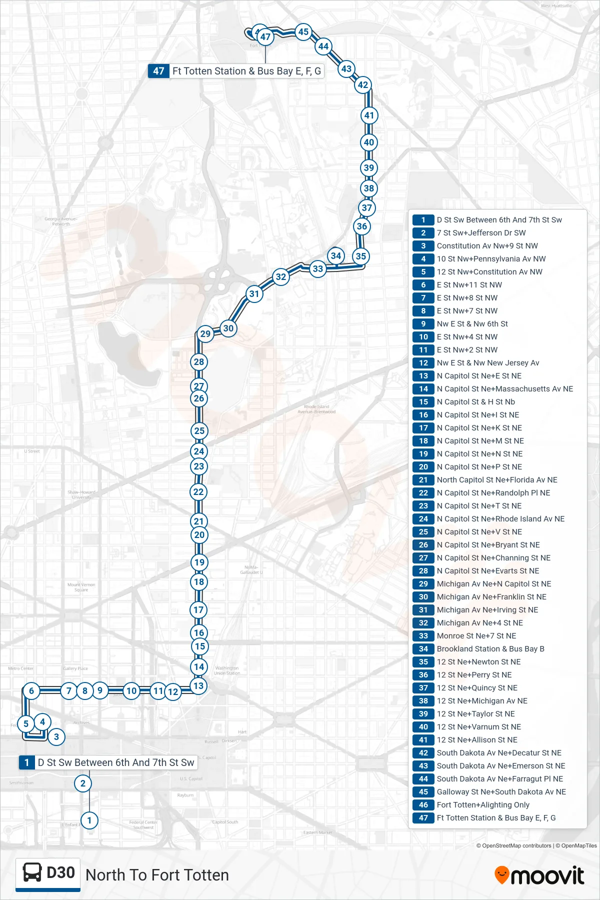 D30 bus Line (North To Fort Totten) route and stops on a map