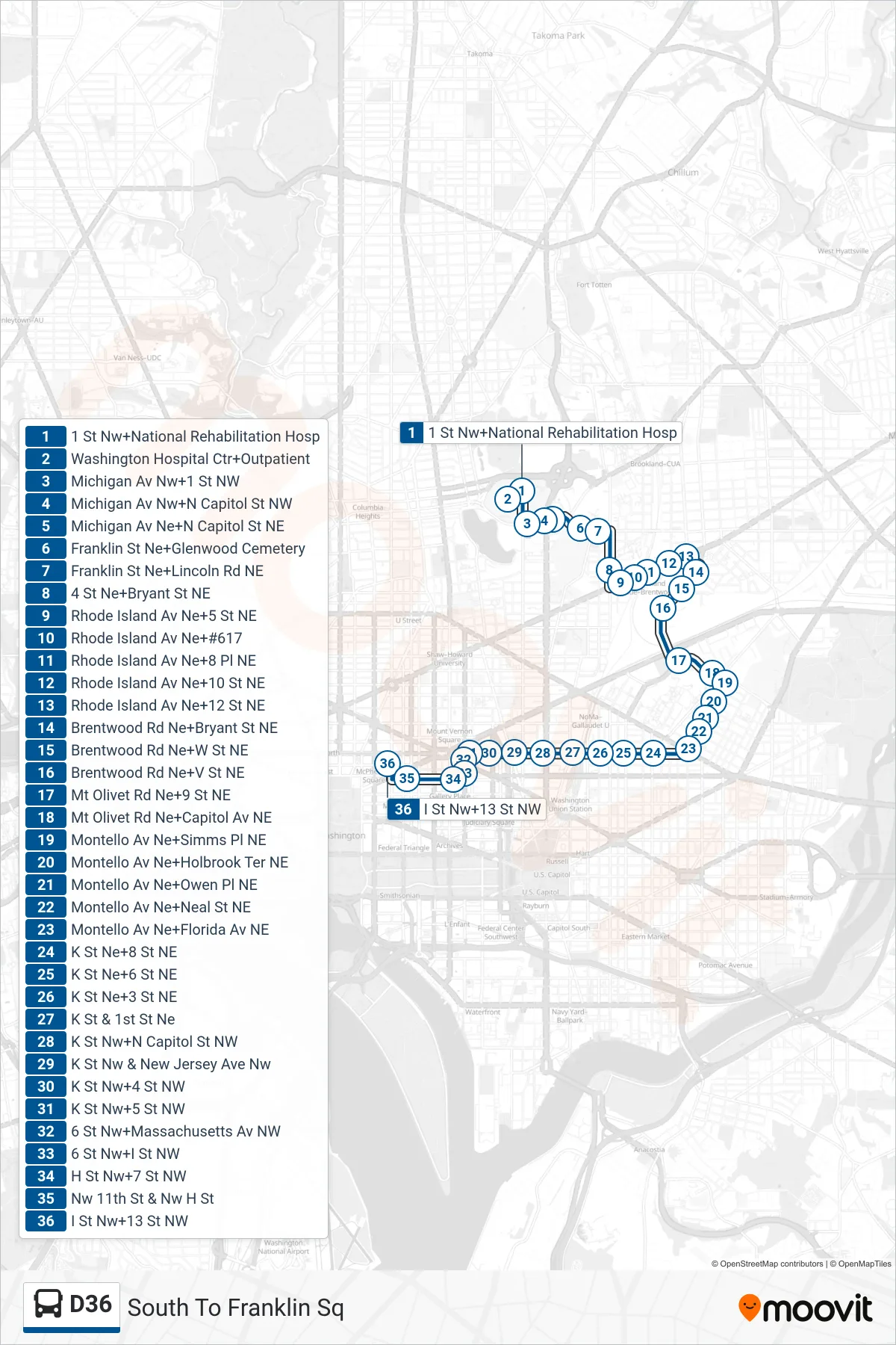 D36 bus Line (South To Franklin Sq) route and stops on a map