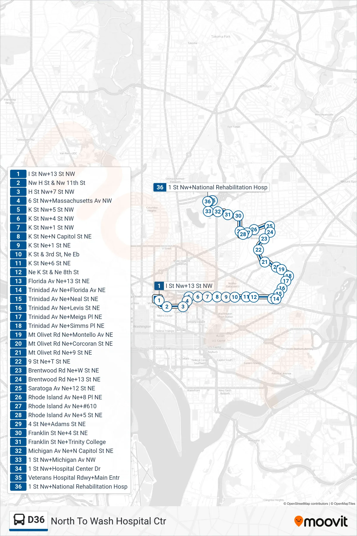 D36 bus Line (North To Wash Hospital Ctr) route and stops on a map