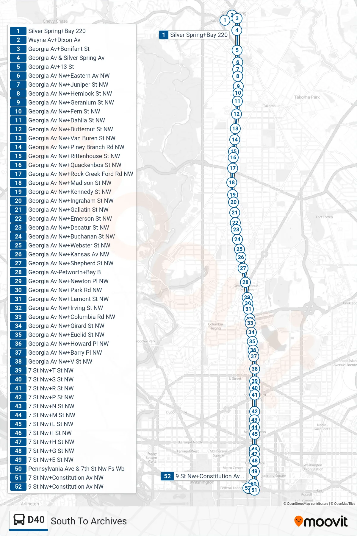 D40 bus Line (South To Archives) route and stops on a map