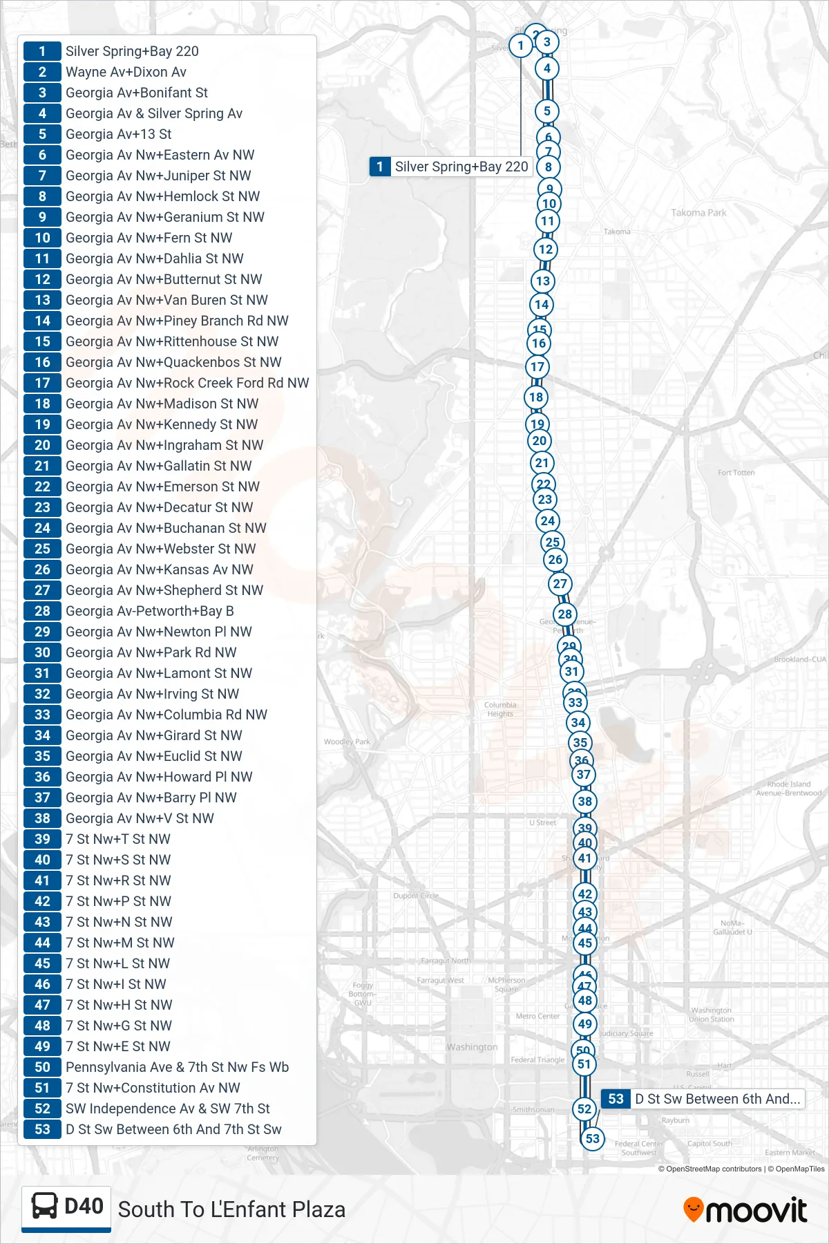D40 bus Line (South To L'Enfant Plaza) route and stops on a map