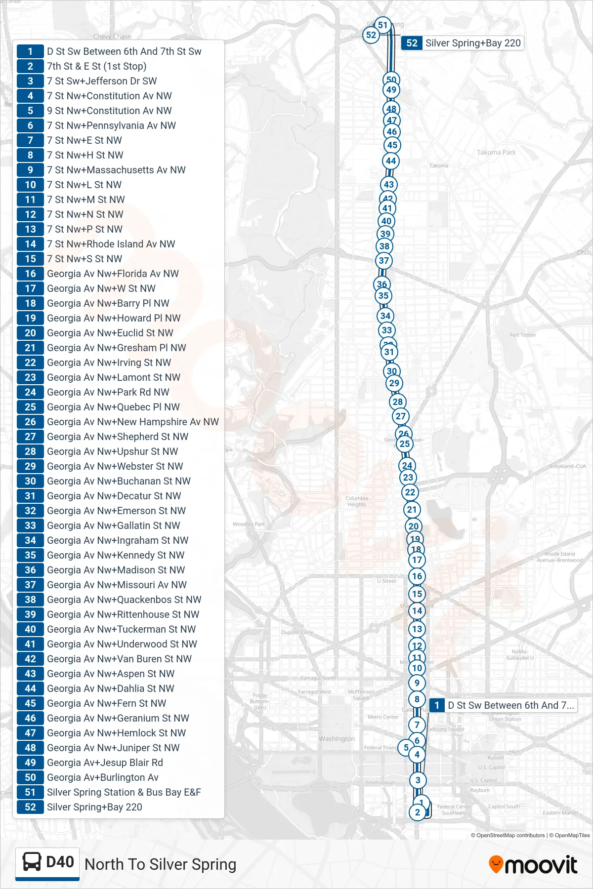 D40 bus Line (North To Silver Spring) route and stops on a map
