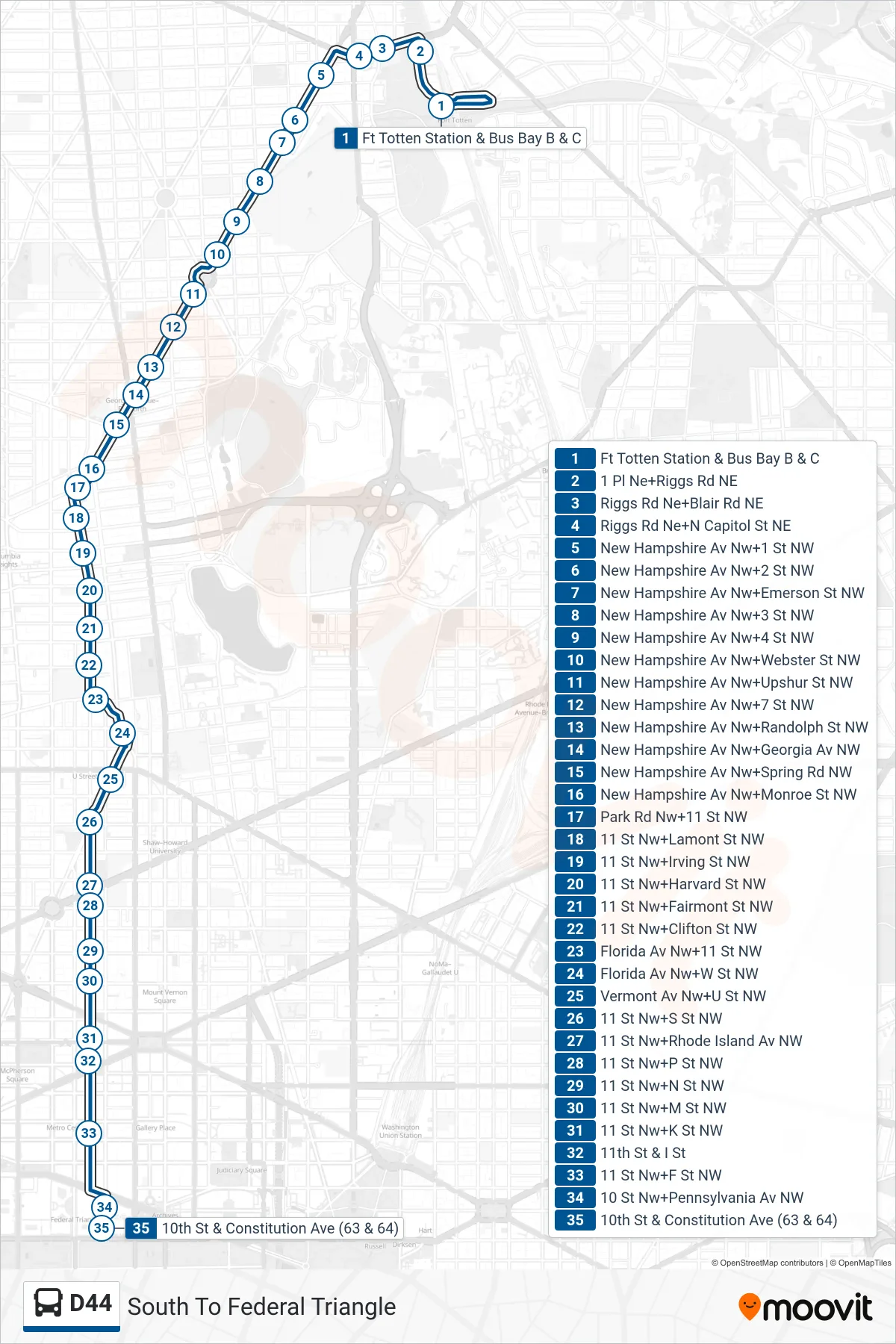 D44 bus Line (South To Federal Triangle) route and stops on a map