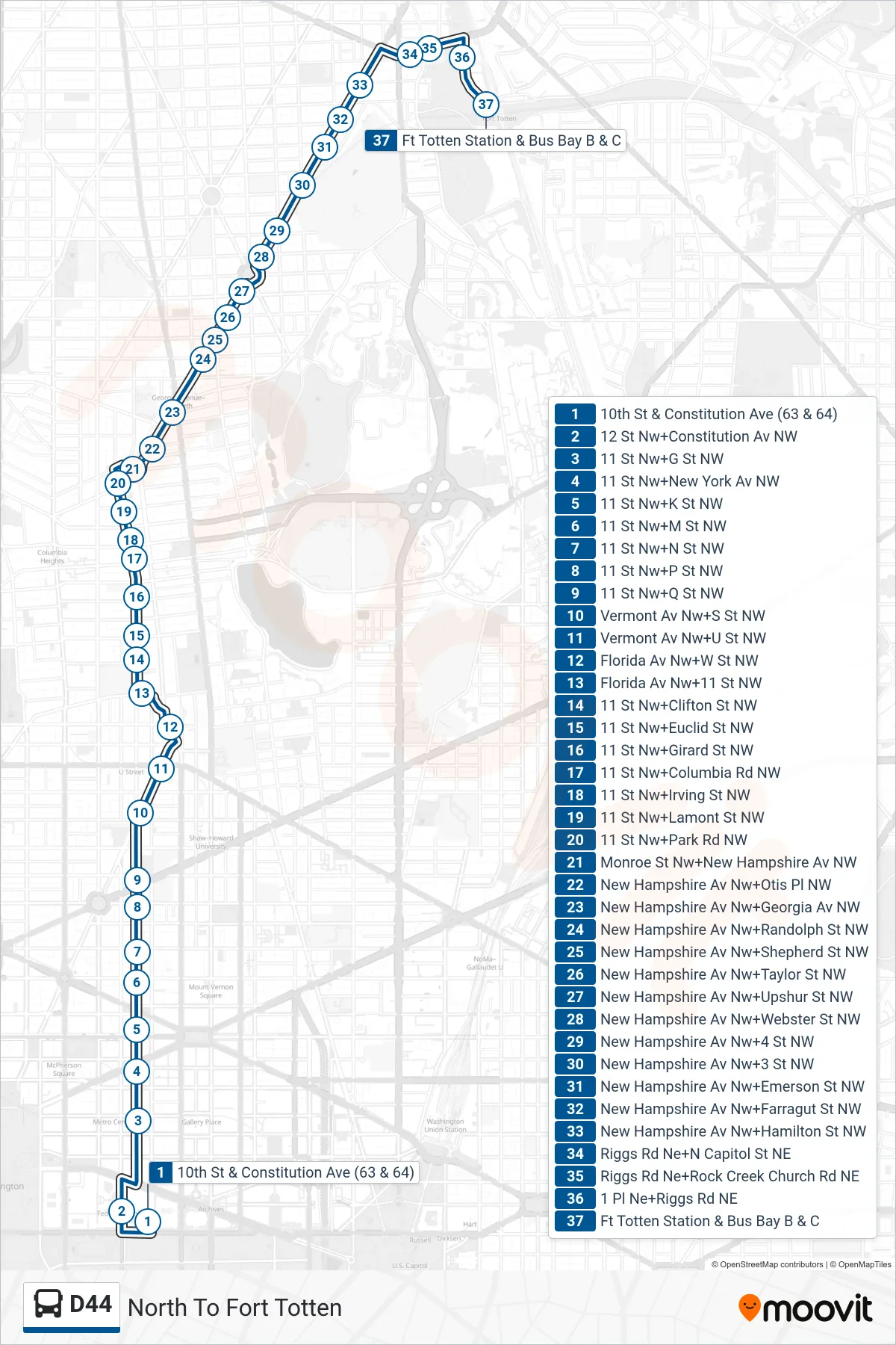 D44 bus Line (North To Fort Totten) route and stops on a map