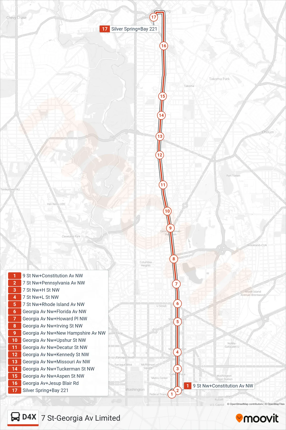 D4X bus Line (North To Silver Spring) route and stops on a map