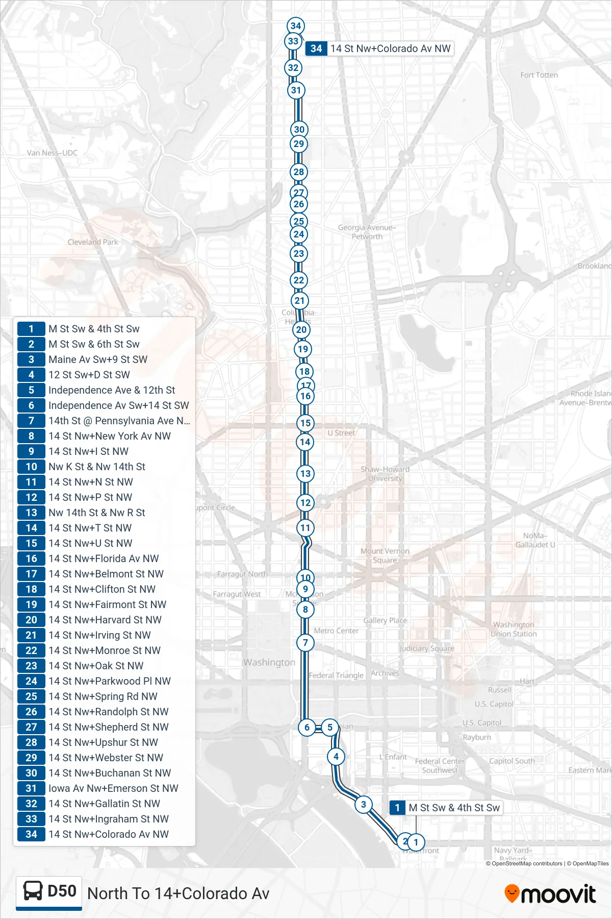 D50 bus Line (North To 14+Colorado Av) route and stops on a map