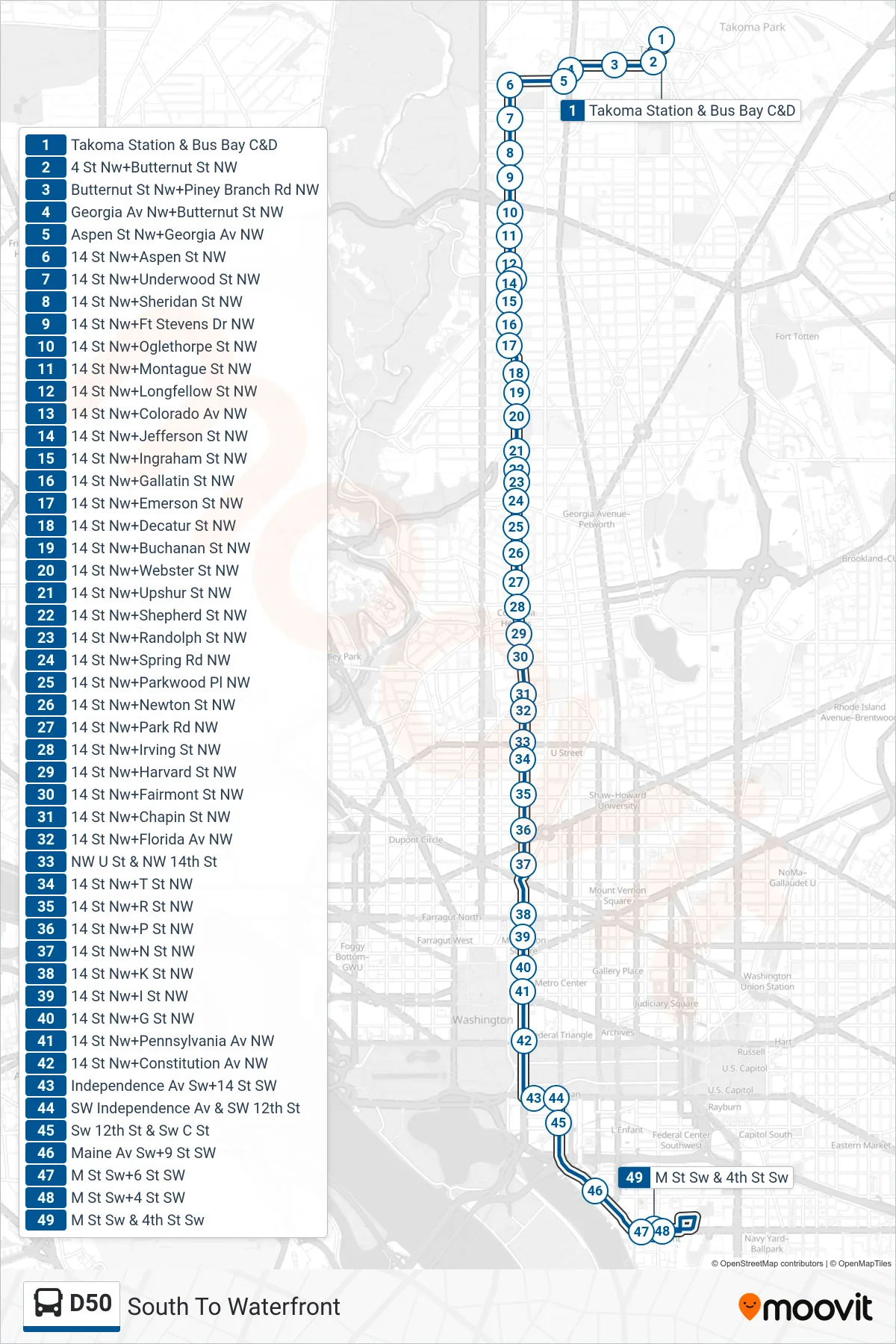 D50 bus Line (South To Waterfront) route and stops on a map