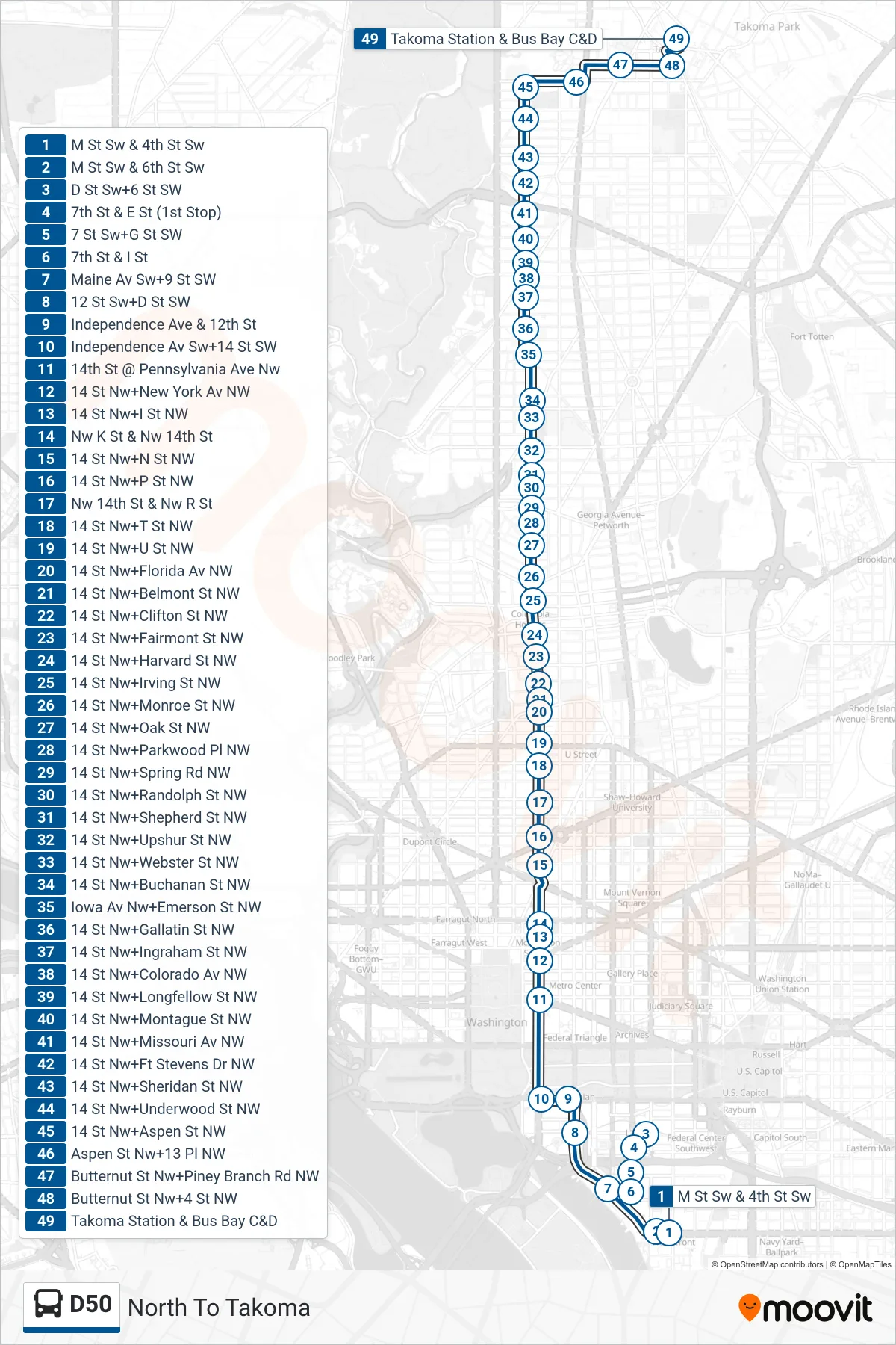 D50 bus Line (North To Takoma) route and stops on a map