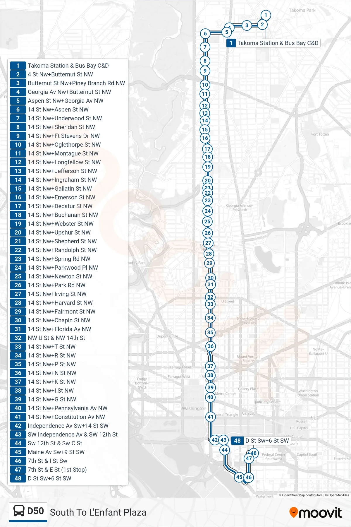 D50 bus Line (South To L'Enfant Plaza) route and stops on a map
