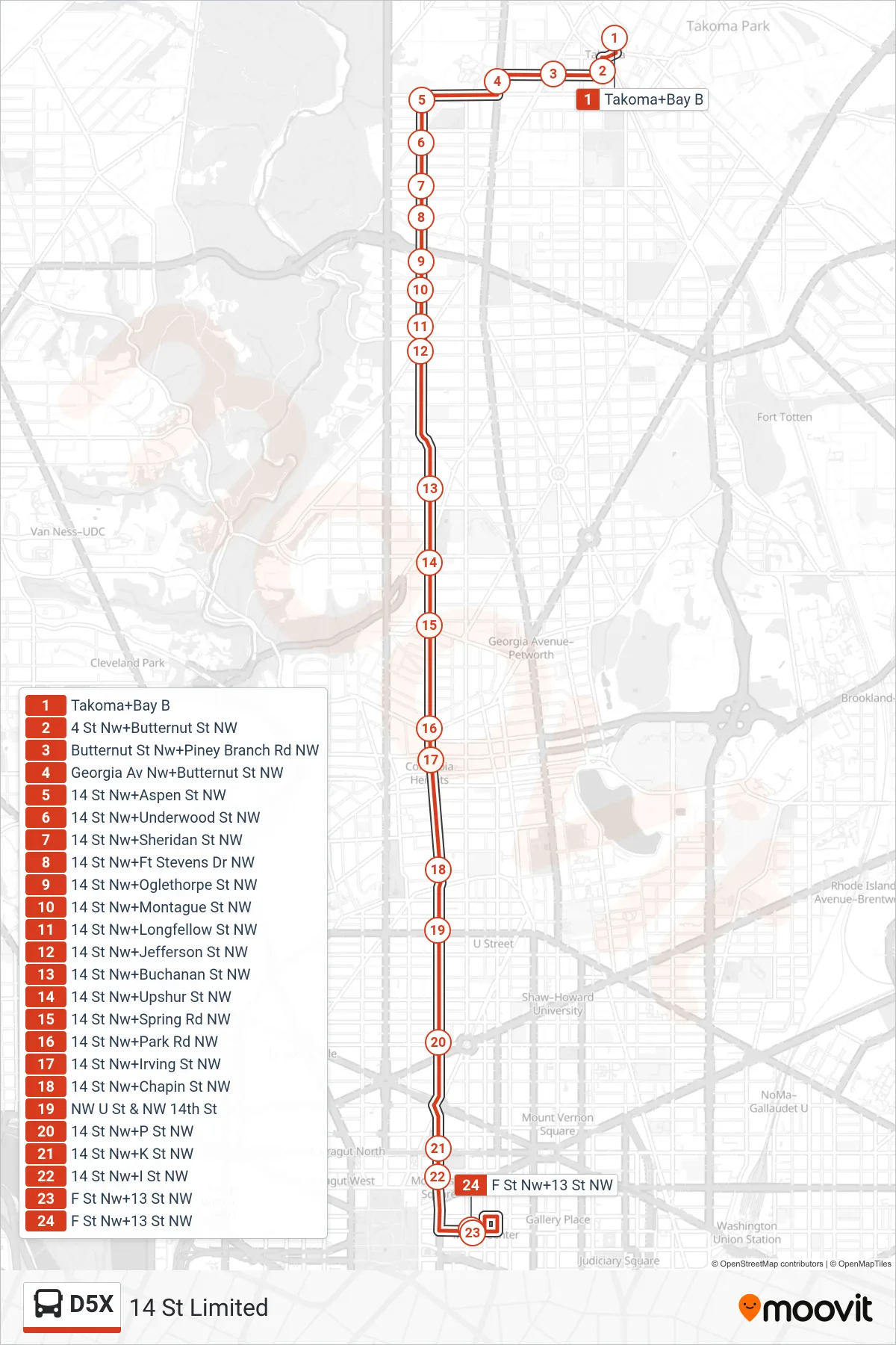 D5X bus Line (South To Metro Center) route and stops on a map