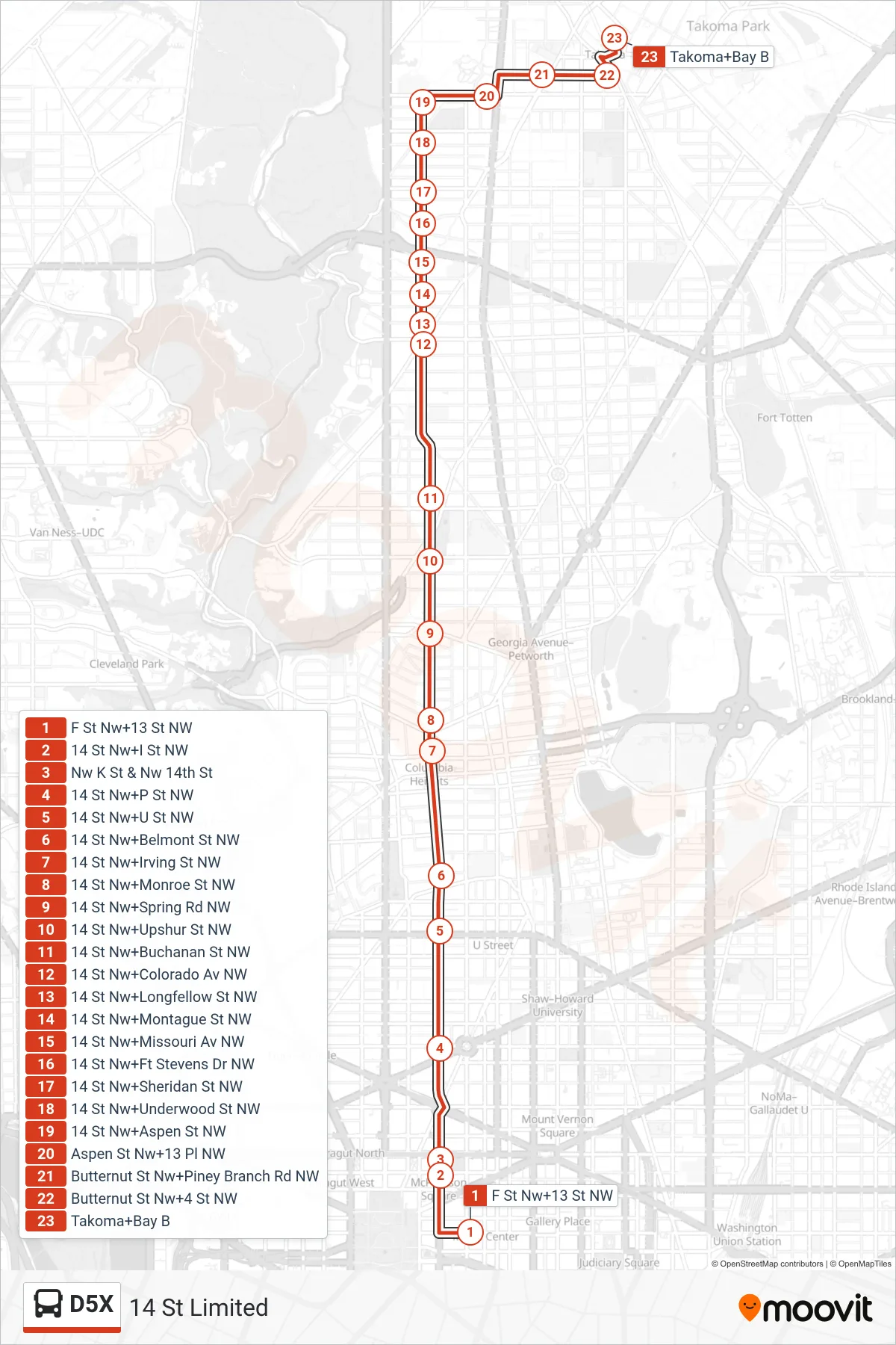 D5X bus Line (North To Takoma) route and stops on a map