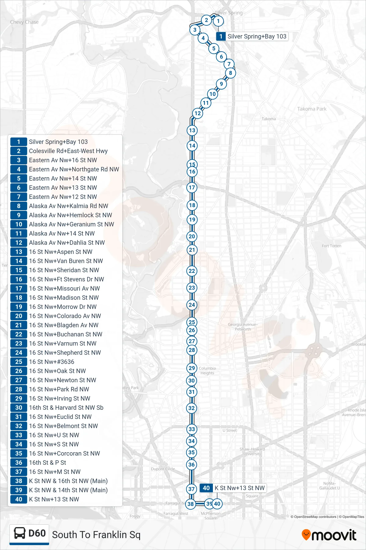 D60 bus Line (South To Franklin Sq) route and stops on a map