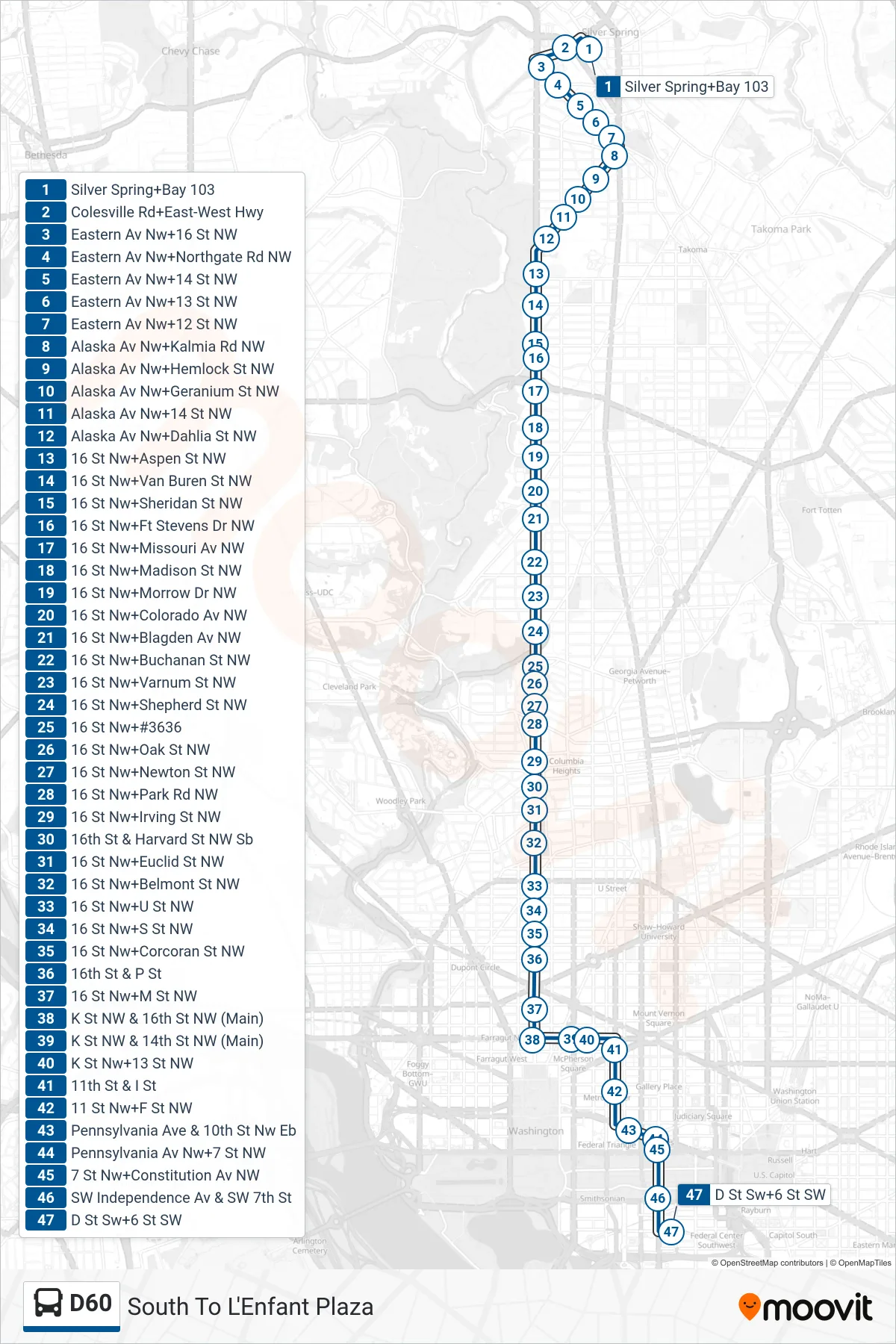 D60 bus Line (South To L'Enfant Plaza) route and stops on a map