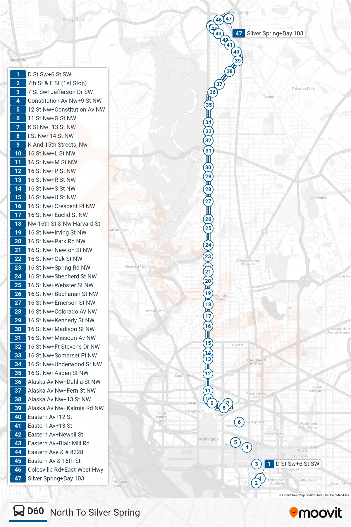 D60 bus Line (North To Silver Spring) route and stops on a map
