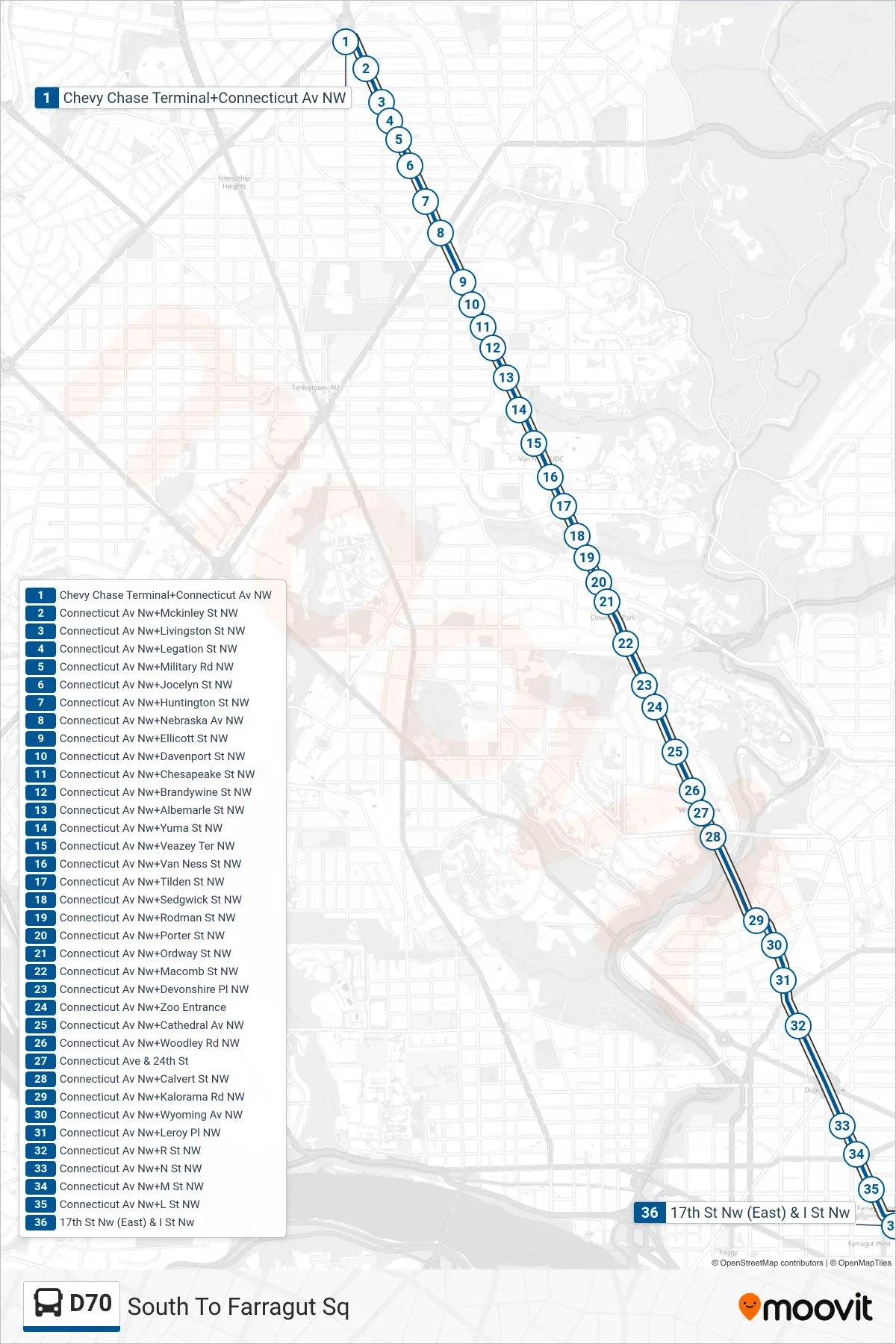D70 bus Line (South To Farragut Sq) route and stops on a map