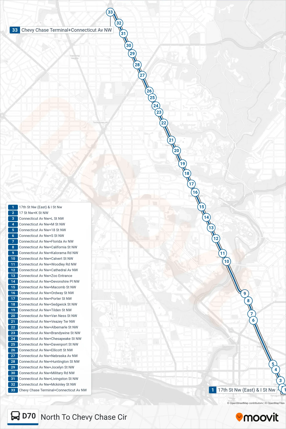 D70 bus Line (North To Chevy Chase Cir) route and stops on a map