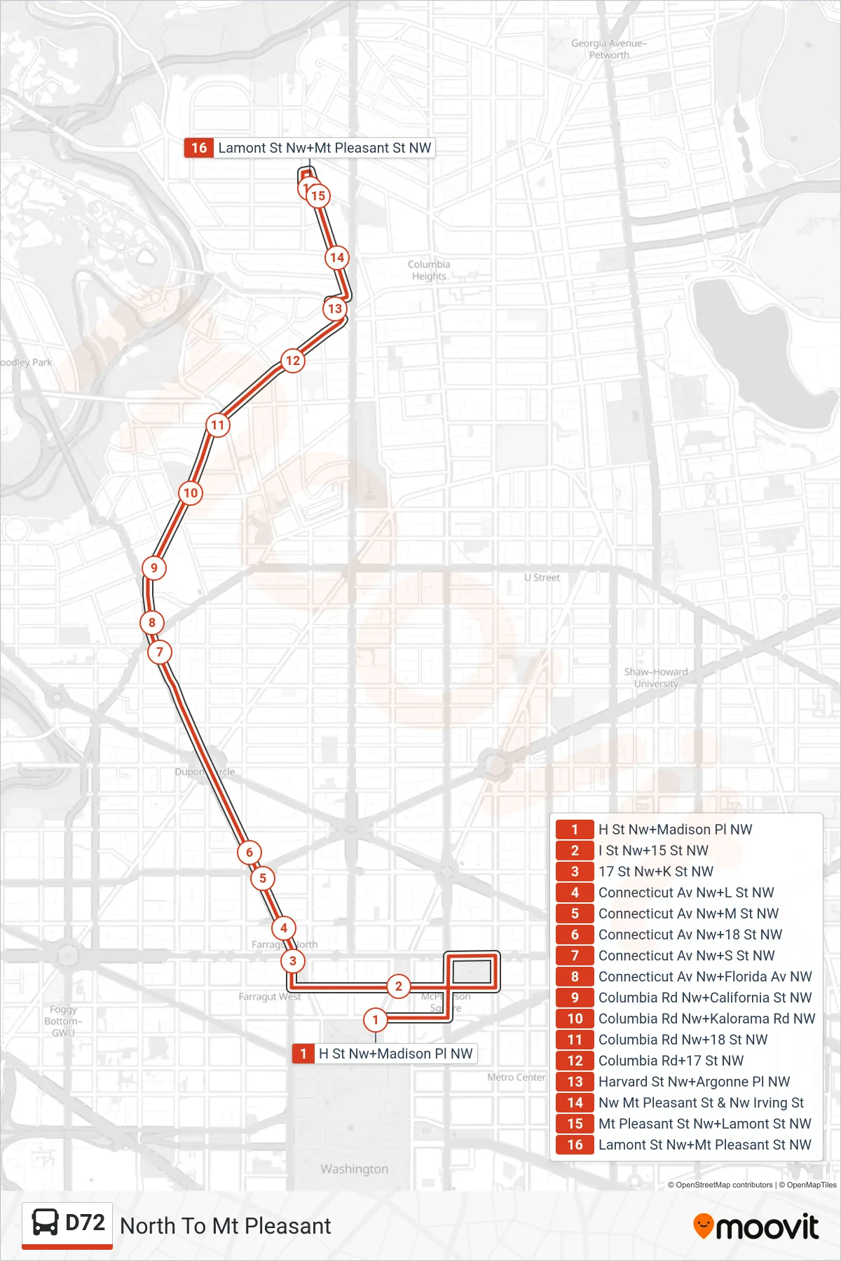 D72 bus Line (North To Mt Pleasant) route and stops on a map