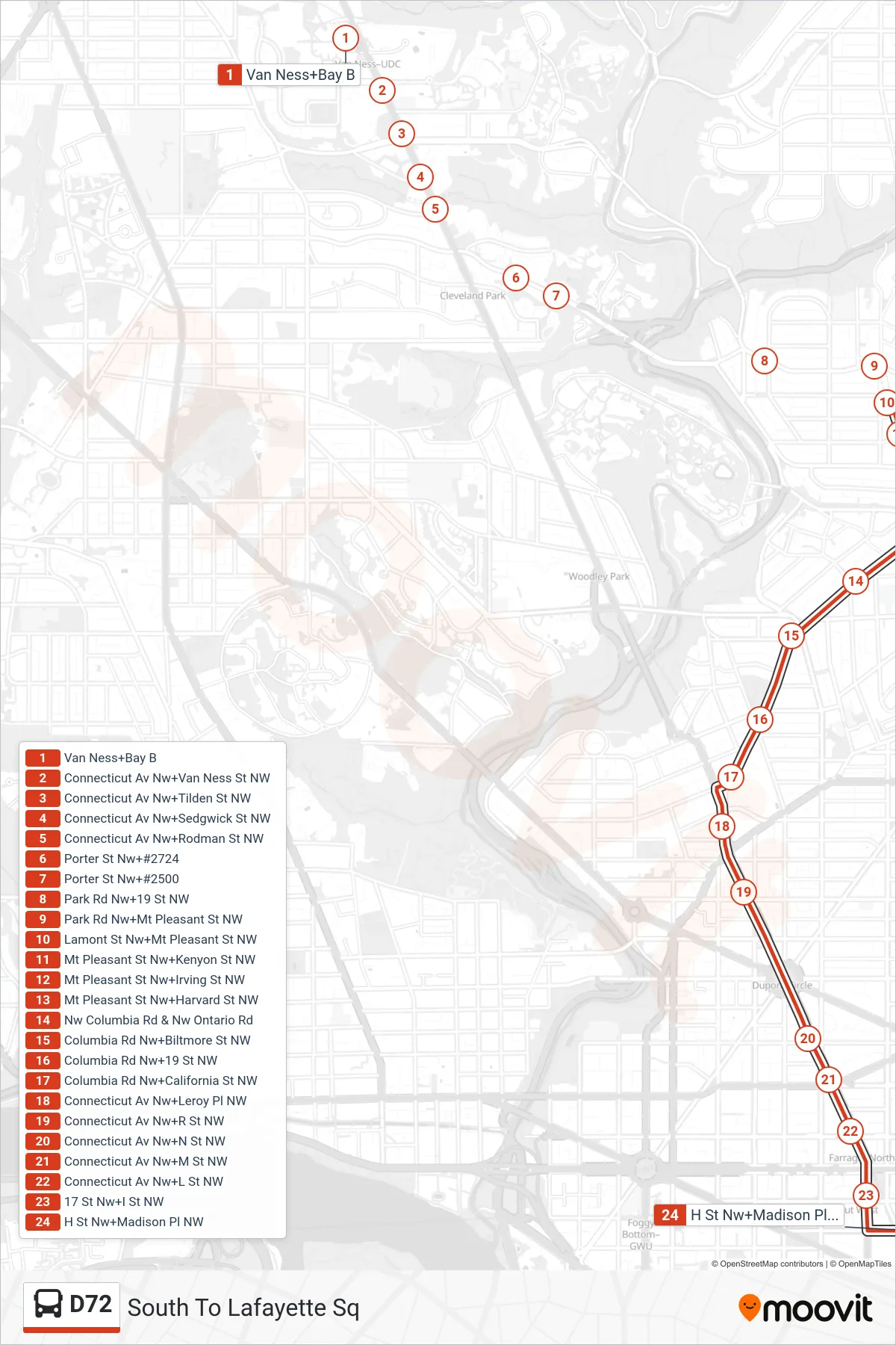 D72 bus Line (South To Lafayette Sq) route and stops on a map