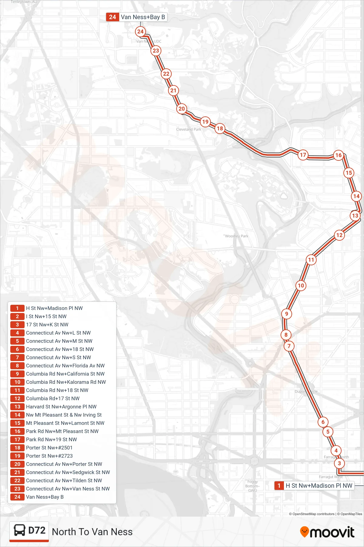 D72 bus Line (North To Van Ness) route and stops on a map