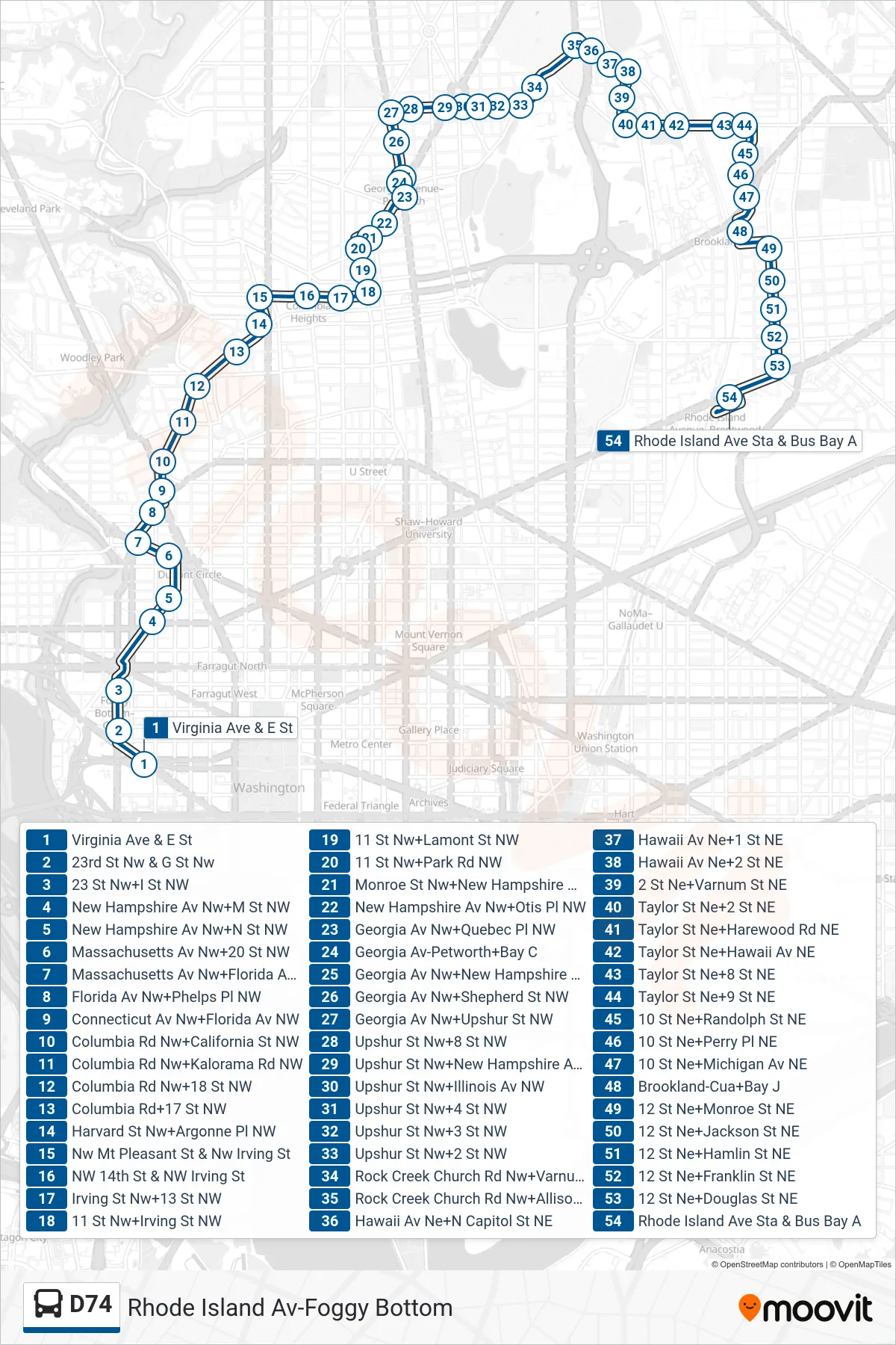 D74 bus Line (East To Rhode Island Av) route and stops on a map
