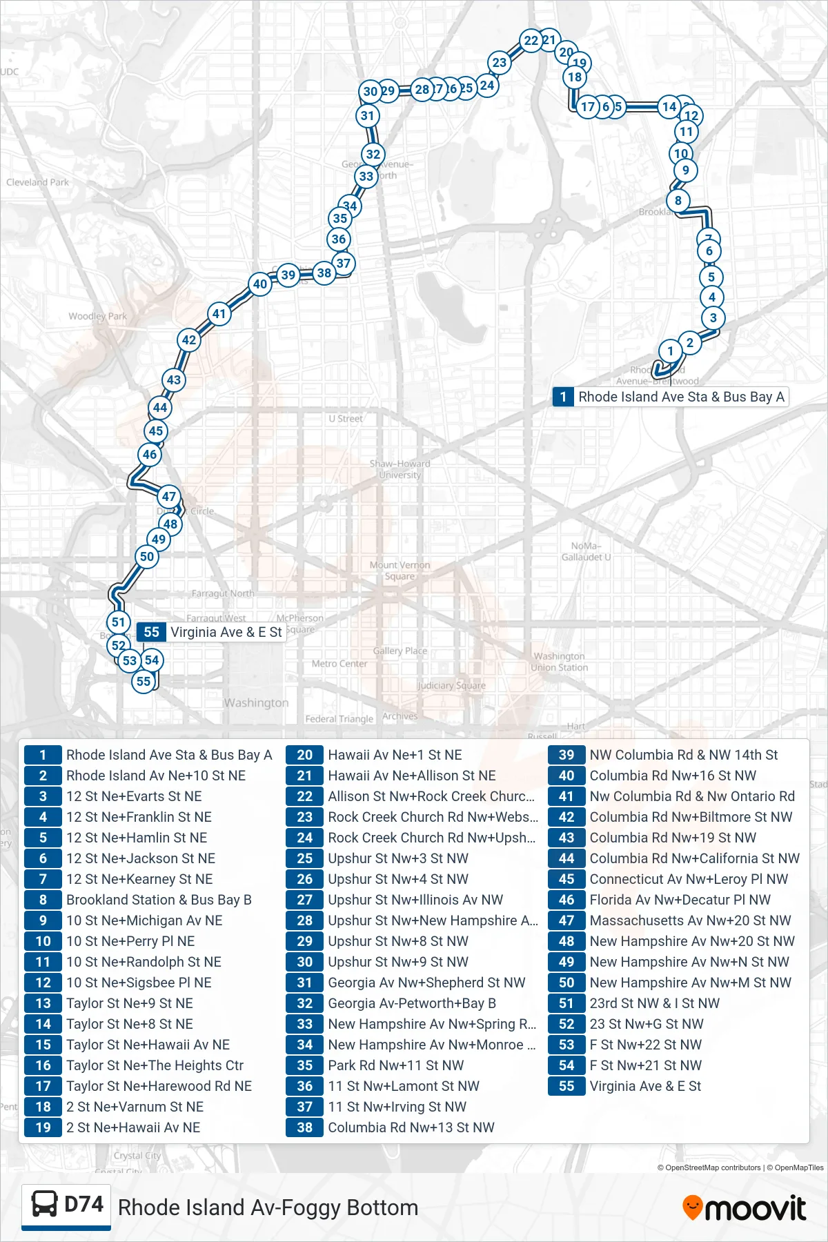 D74 bus Line (West To Potomac Park) route and stops on a map