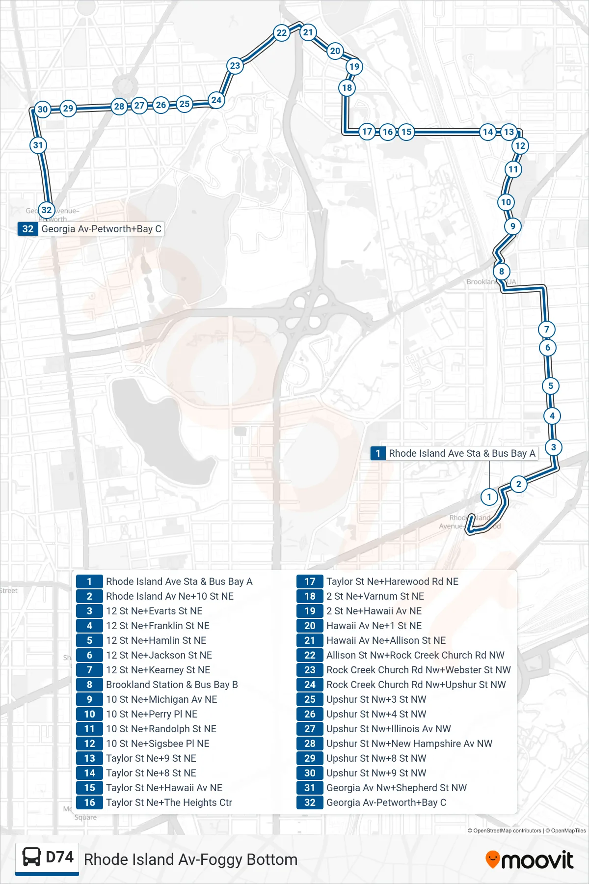 D74 bus Line (West To Georgia Av) route and stops on a map