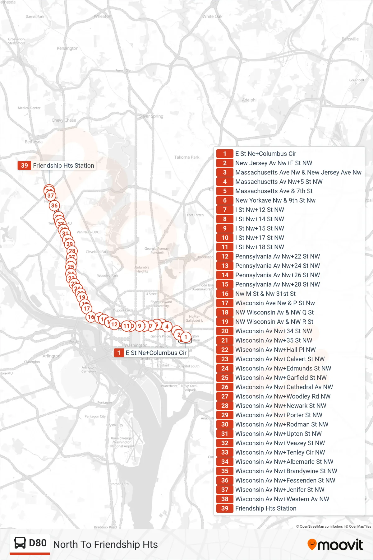 D80 bus Line (North To Friendship Hts) route and stops on a map
