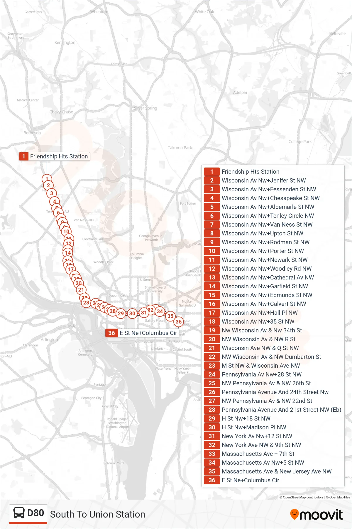 D80 bus Line (South To Union Station) route and stops on a map