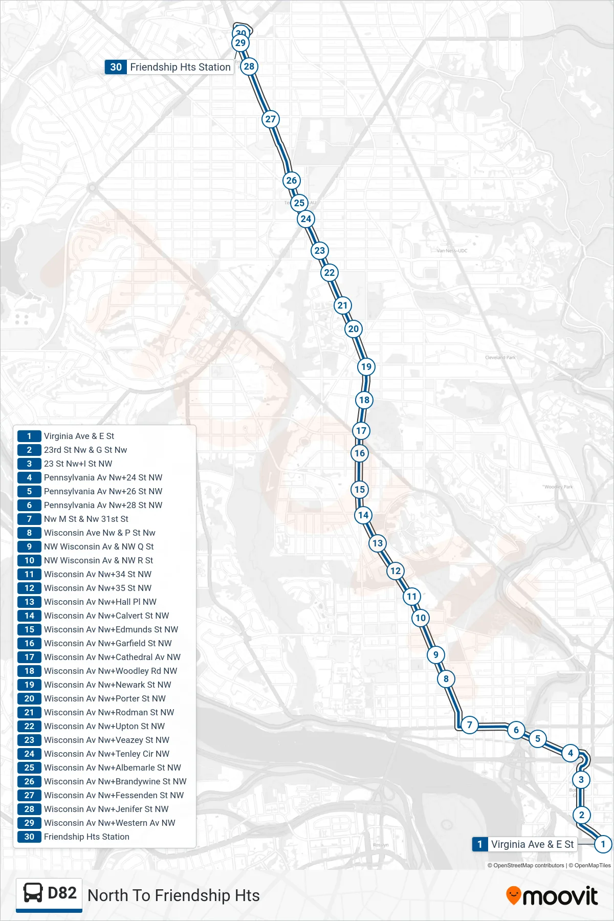 D82 bus Line (North To Friendship Hts) route and stops on a map