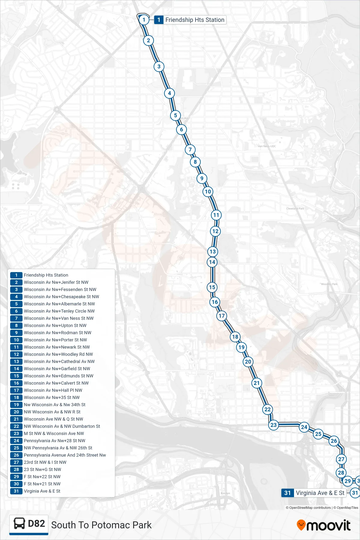 D82 bus Line (South To Potomac Park) route and stops on a map