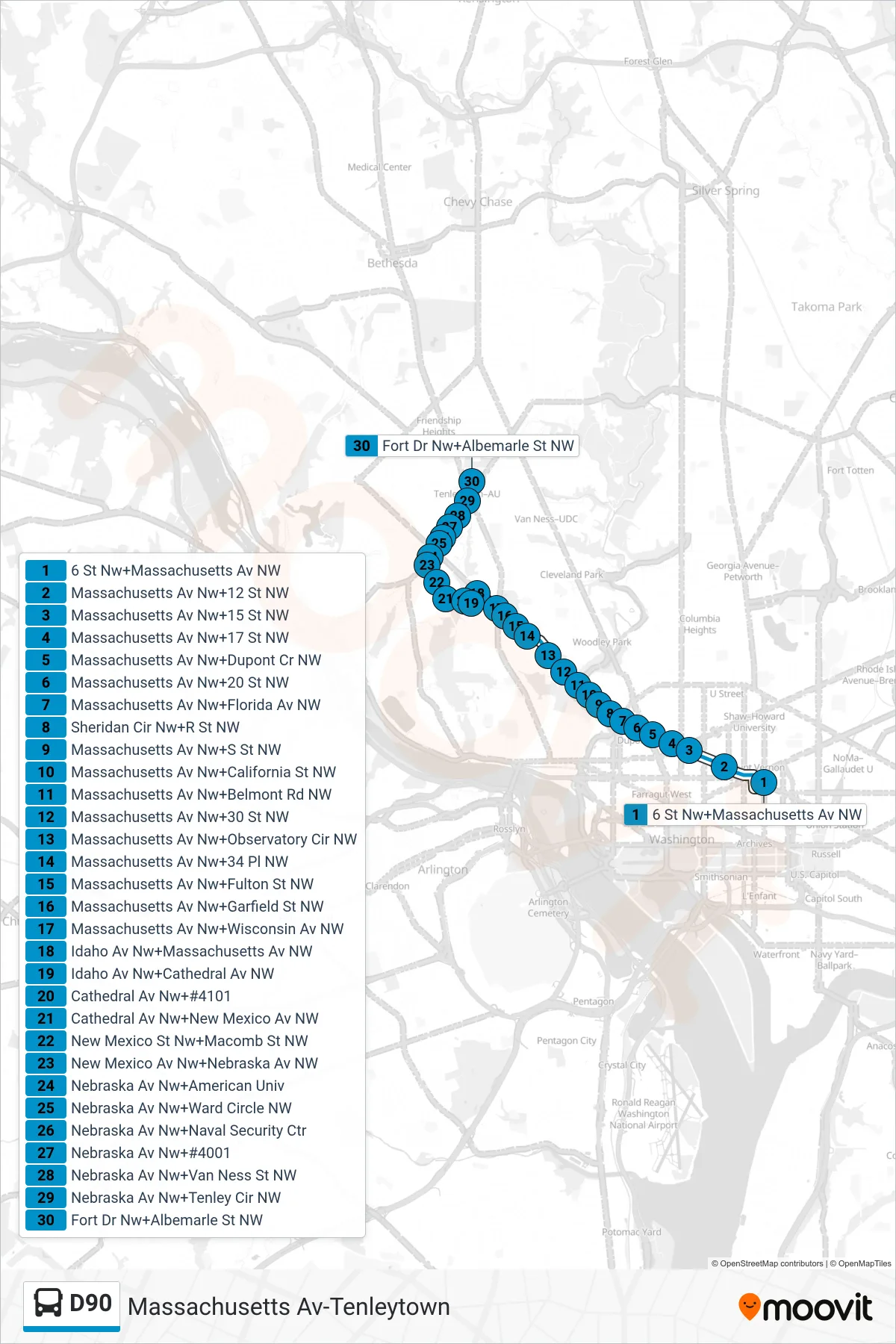D90 bus Line (West To Tenleytown) route and stops on a map