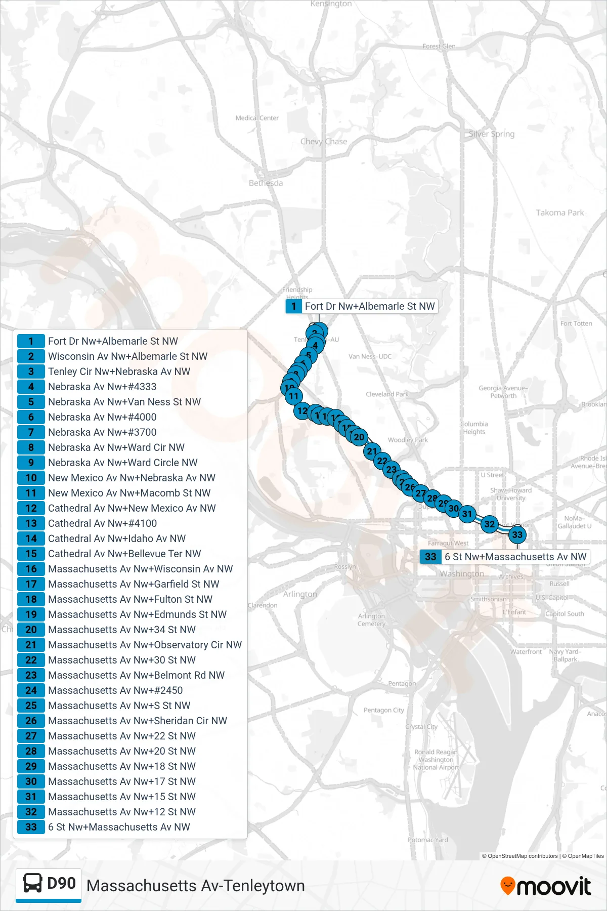 D90 bus Line (East To Mt Vernon Sq) route and stops on a map