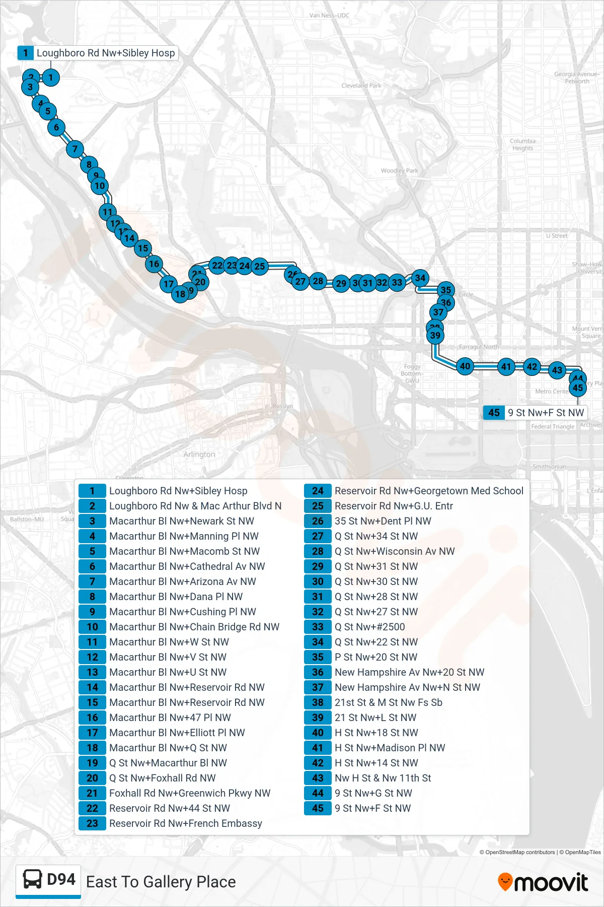 D94 bus Line (East To Gallery Place) route and stops on a map