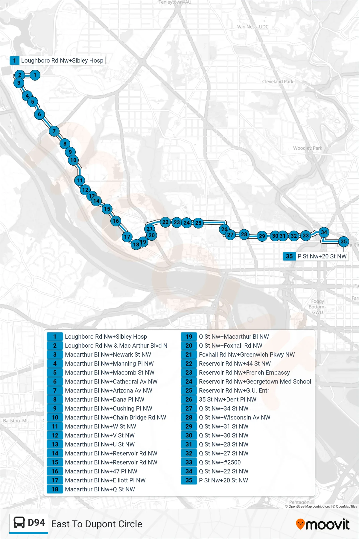 D94 bus Line (East To Dupont Circle) route and stops on a map