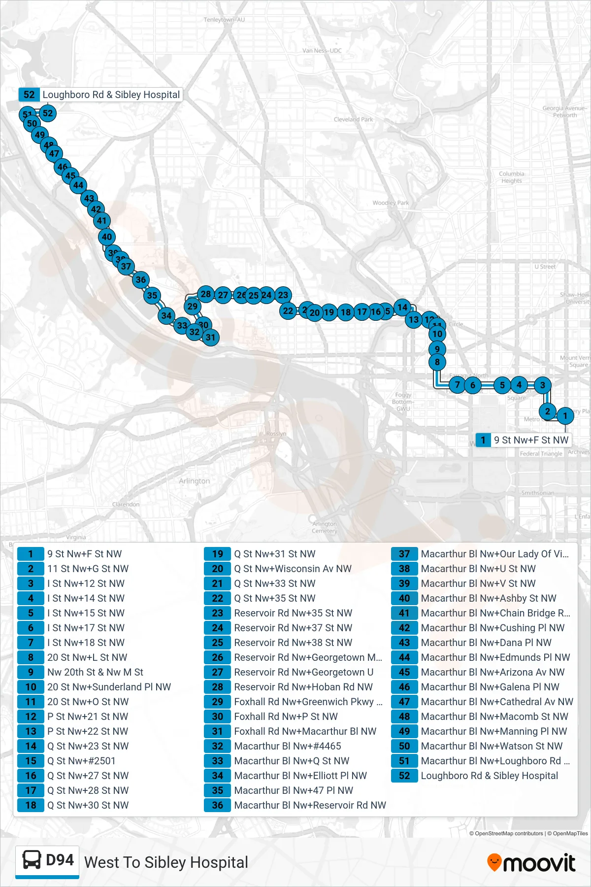D94 bus Line (West To Sibley Hospital) route and stops on a map