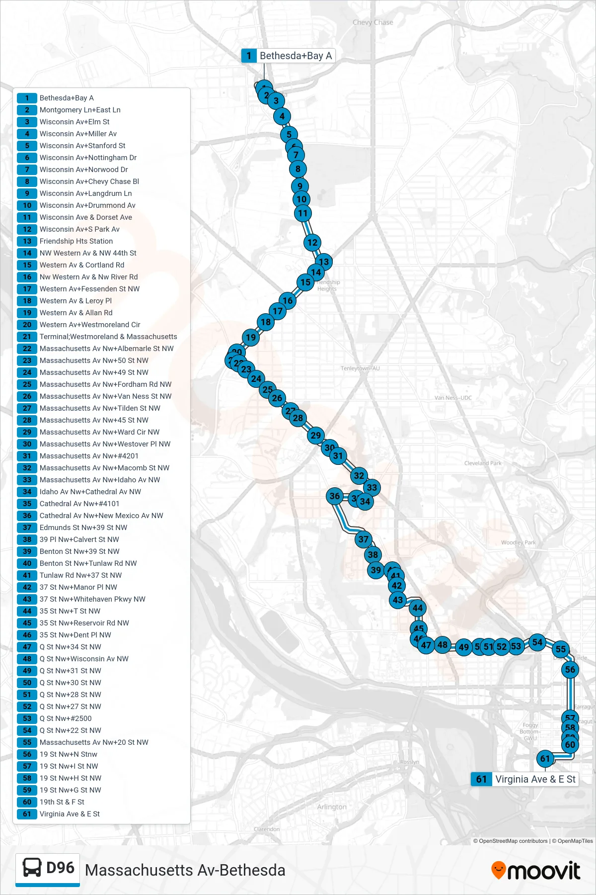 D96 bus Line (South To Potomac Park) route and stops on a map