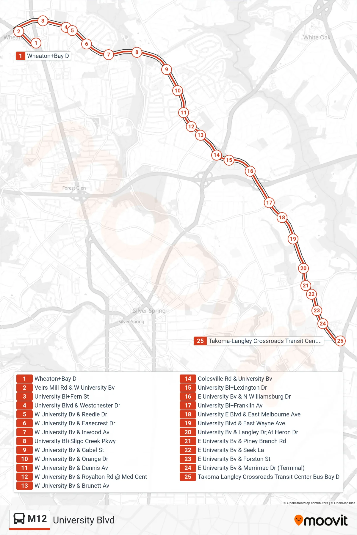 M12 bus Line (East To Takoma Langley) route and stops on a map