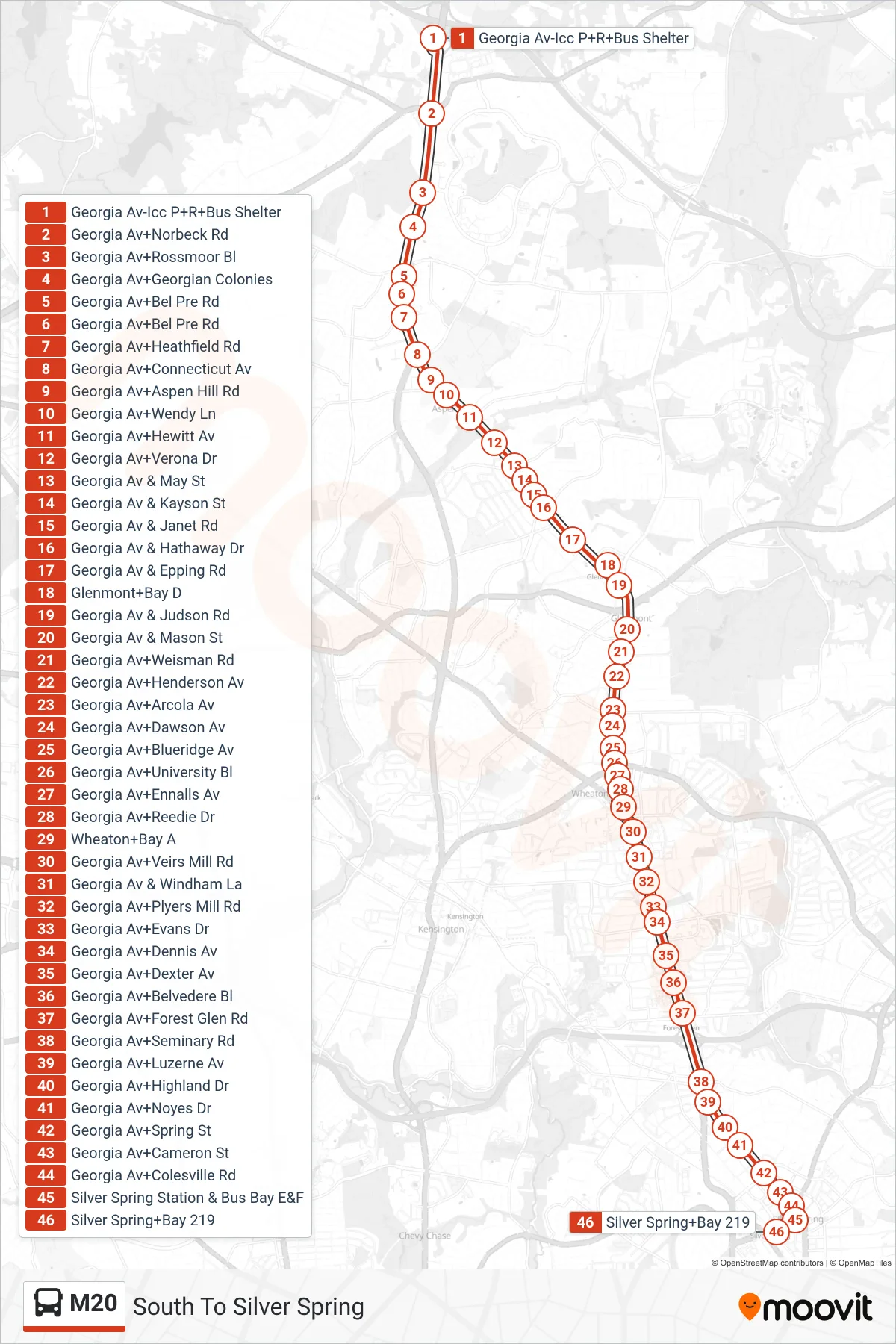 M20 bus Line (South To Silver Spring) route and stops on a map