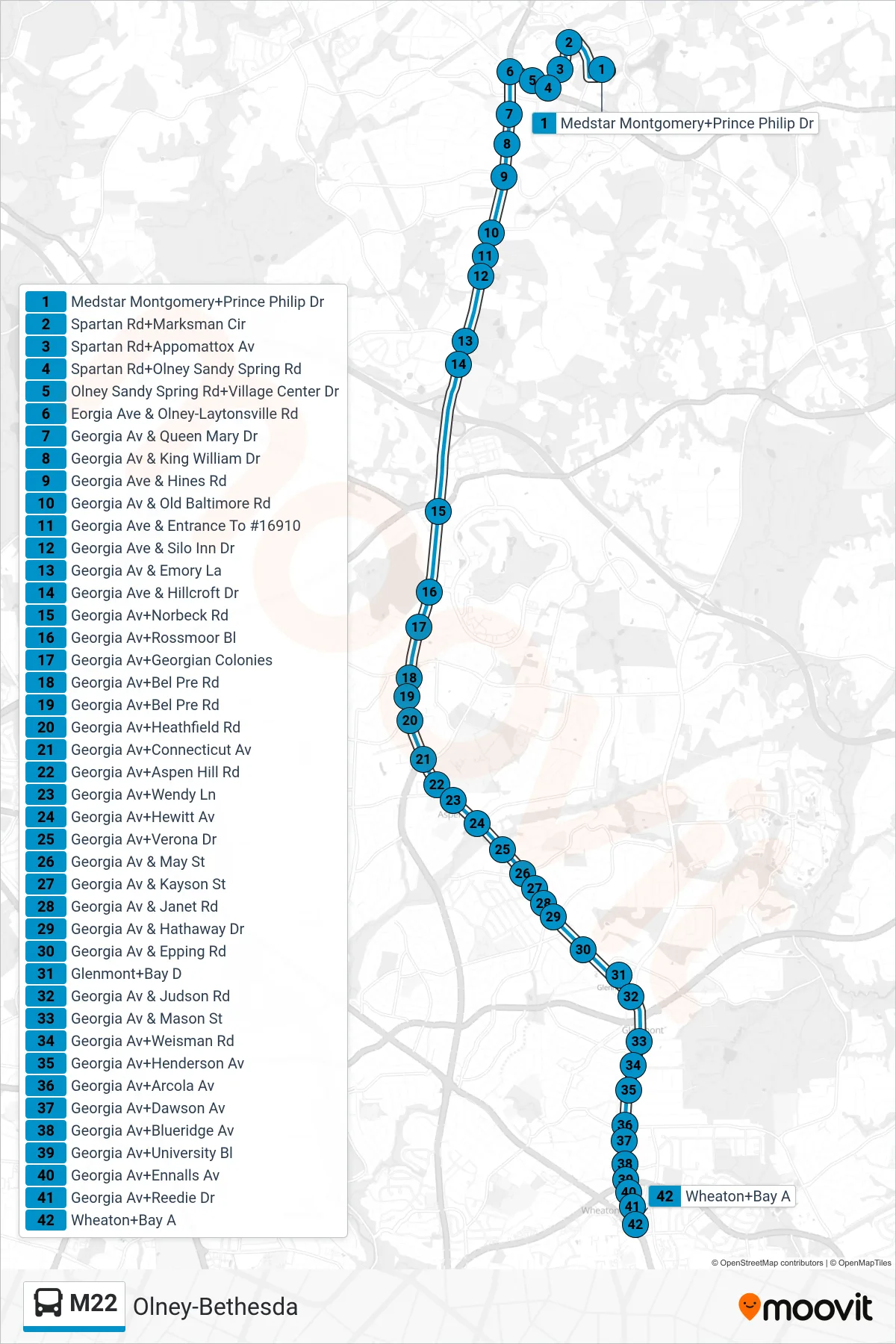 M22 bus Line (South To Wheaton) route and stops on a map